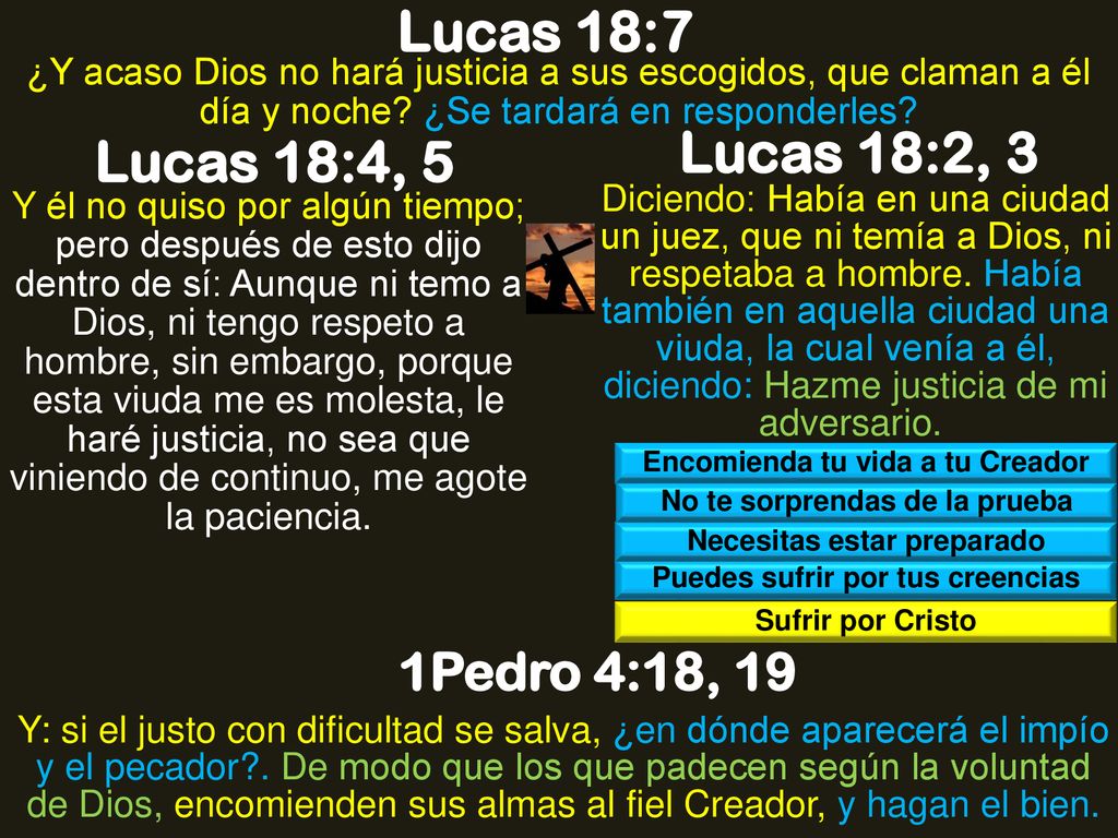 Lucas 18:7 Lucas 18:2, 3 Lucas 18:4, 5 1Pedro 4:18, 19