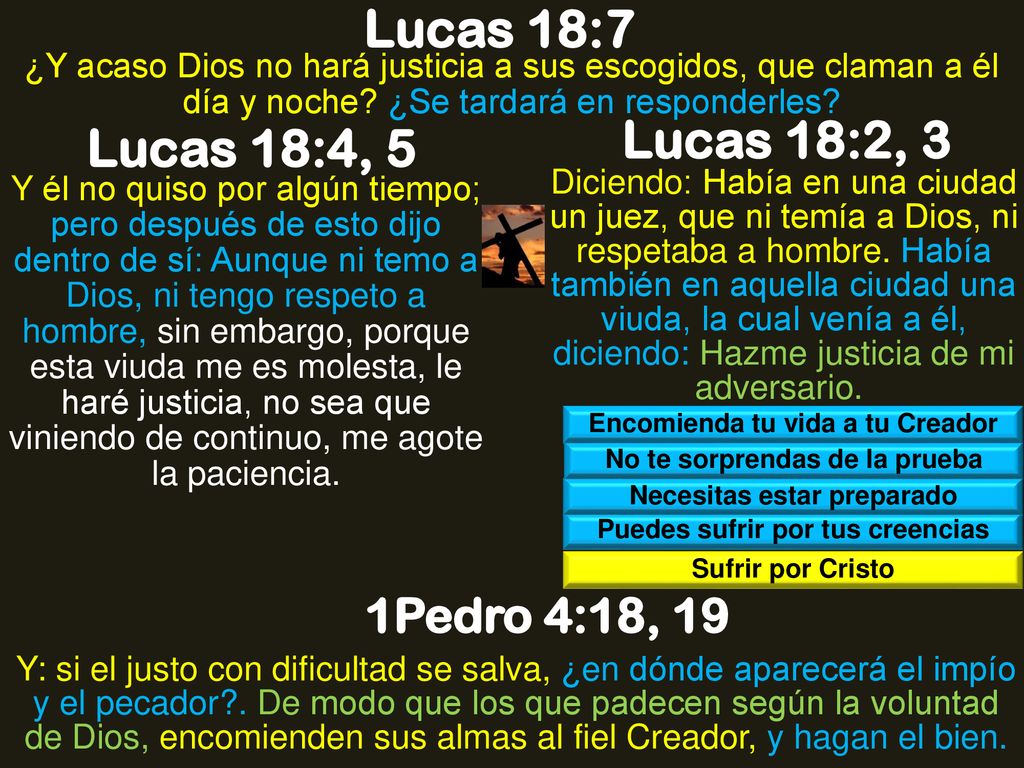 Lucas 18:7 Lucas 18:2, 3 Lucas 18:4, 5 1Pedro 4:18, 19