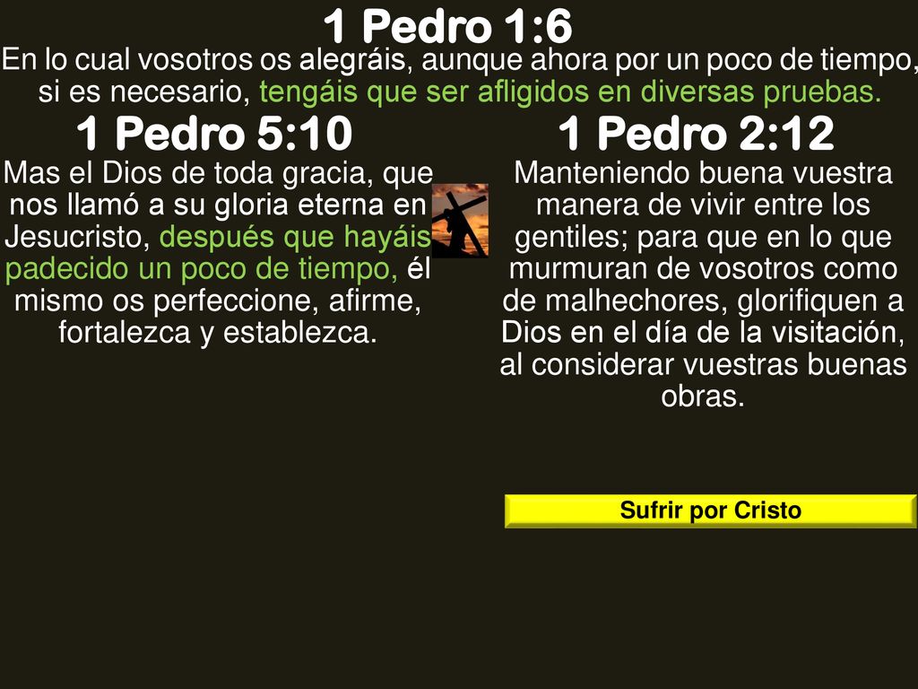 1 Pedro 1:6 En lo cual vosotros os alegráis, aunque ahora por un poco de tiempo, si es necesario, tengáis que ser afligidos en diversas pruebas.