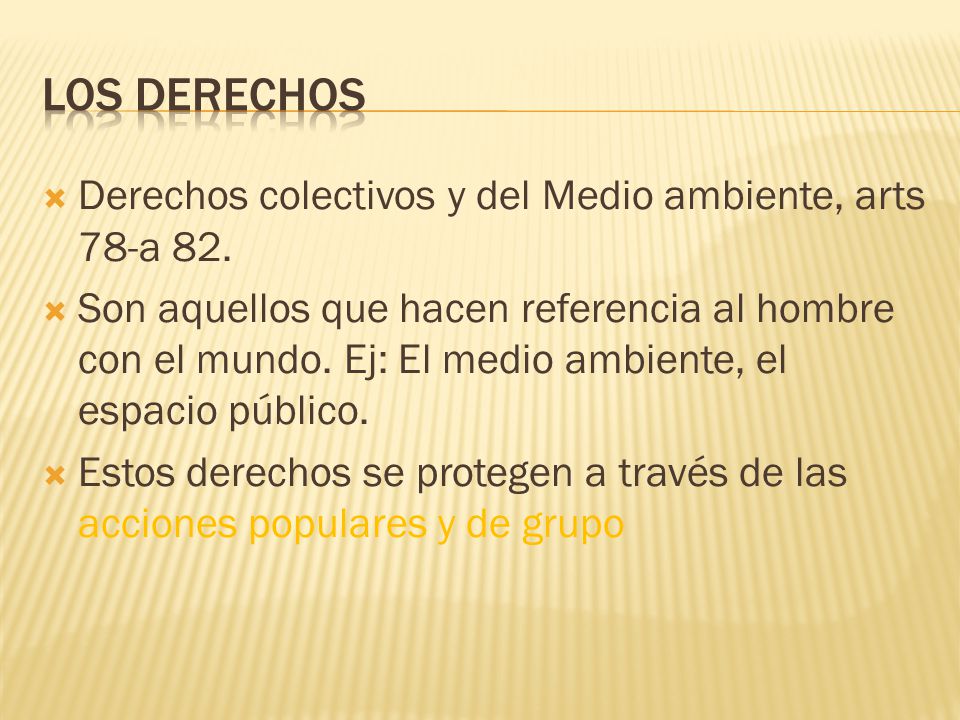 LOS DERECHOS Derechos colectivos y del Medio ambiente, arts 78-a 82.