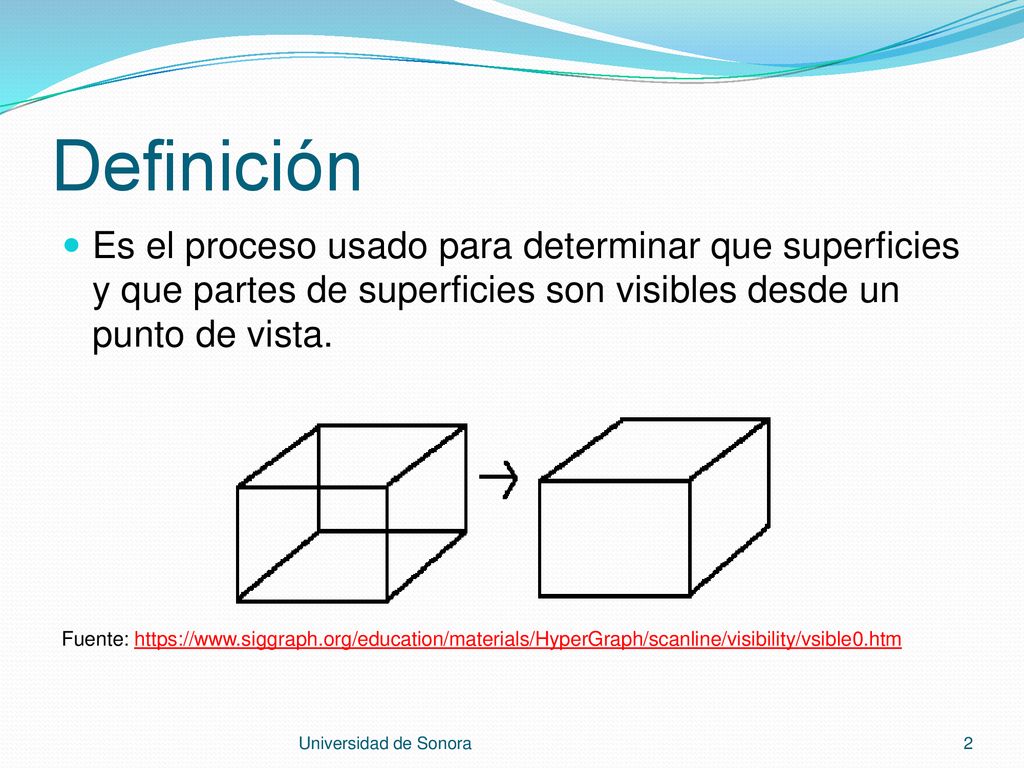 Definición Es el proceso usado para determinar que superficies y que partes de superficies son visibles desde un punto de vista.