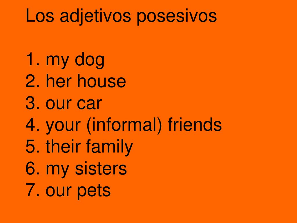 Los adjetivos posesivos 1. my dog 2. her house 3. our car 4