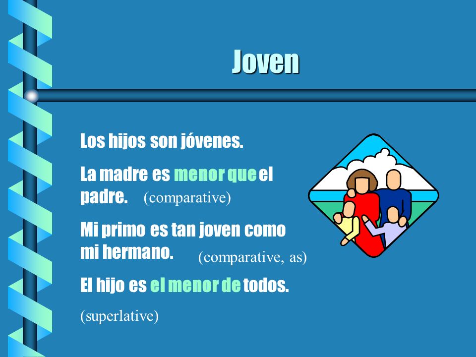 Joven Los hijos son jóvenes. La madre es menor que el padre.