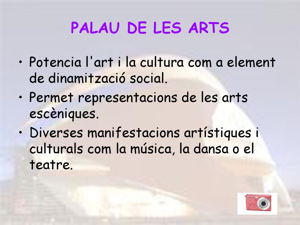 PALAU DE LES ARTS Potencia l art i la cultura com a element de dinamització social. Permet representacions de les arts escèniques.