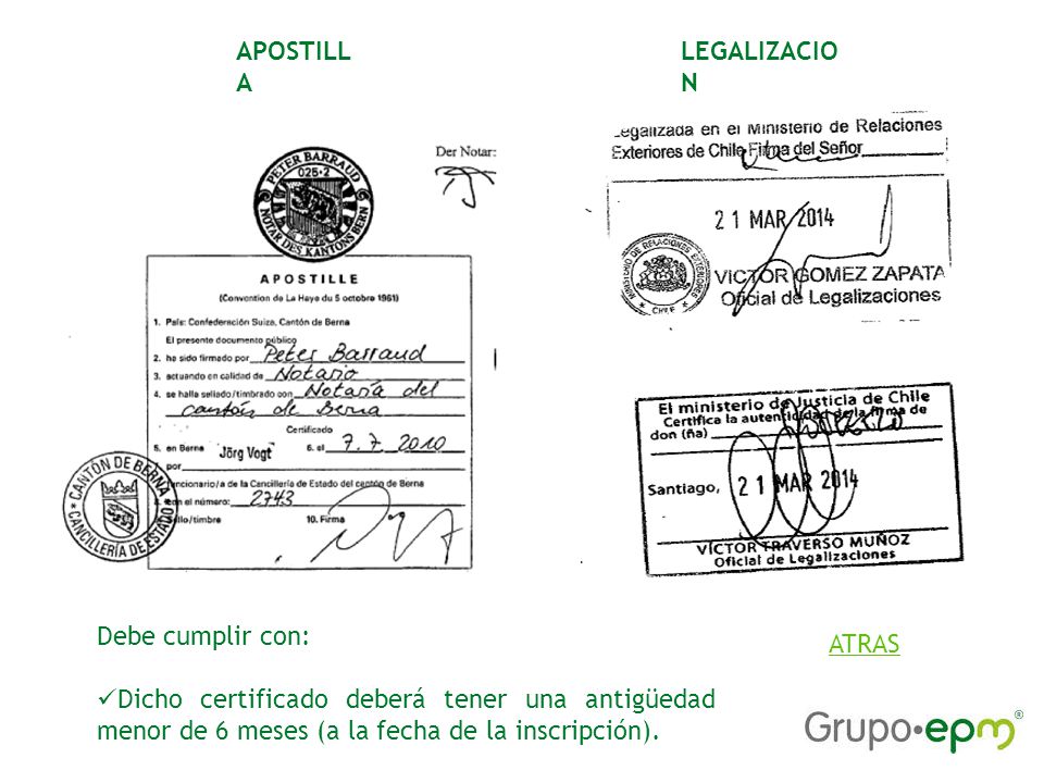 APOSTILLA LEGALIZACION. Debe cumplir con: Dicho certificado deberá tener una antigüedad menor de 6 meses (a la fecha de la inscripción).