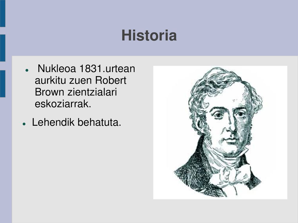 Historia Nukleoa 1831.urtean aurkitu zuen Robert Brown zientzialari eskoziarrak.