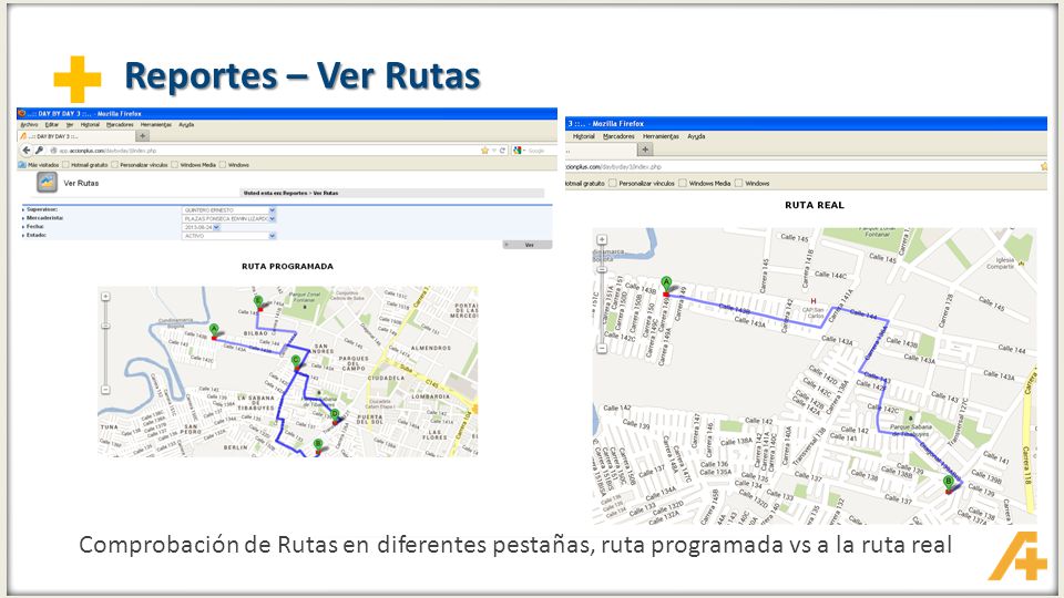 Reportes – Ver Rutas Comprobación de Rutas en diferentes pestañas, ruta programada vs a la ruta real.