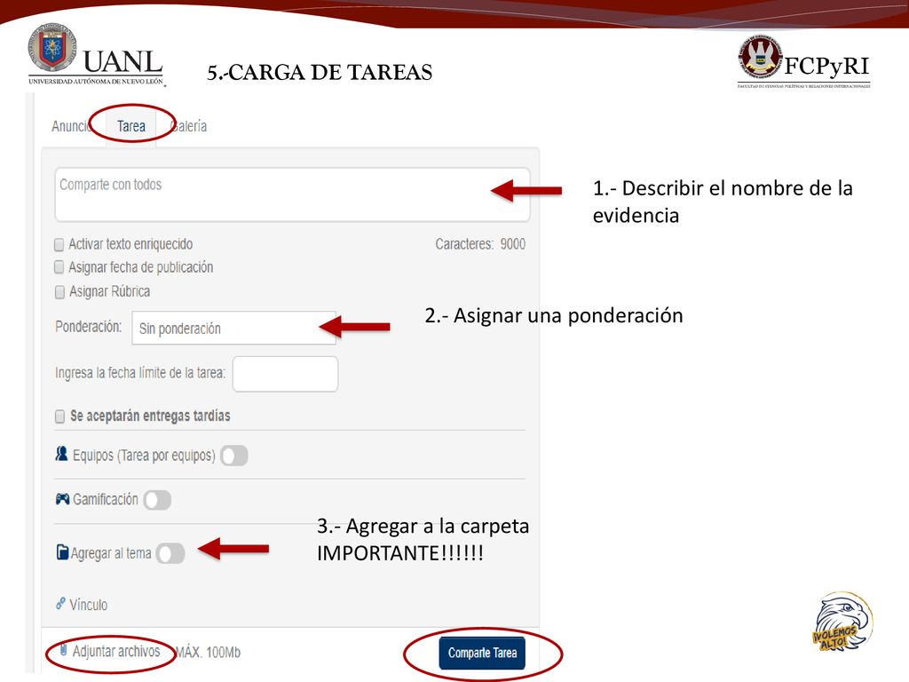5.-CARGA DE TAREAS 1.- Describir el nombre de la evidencia.