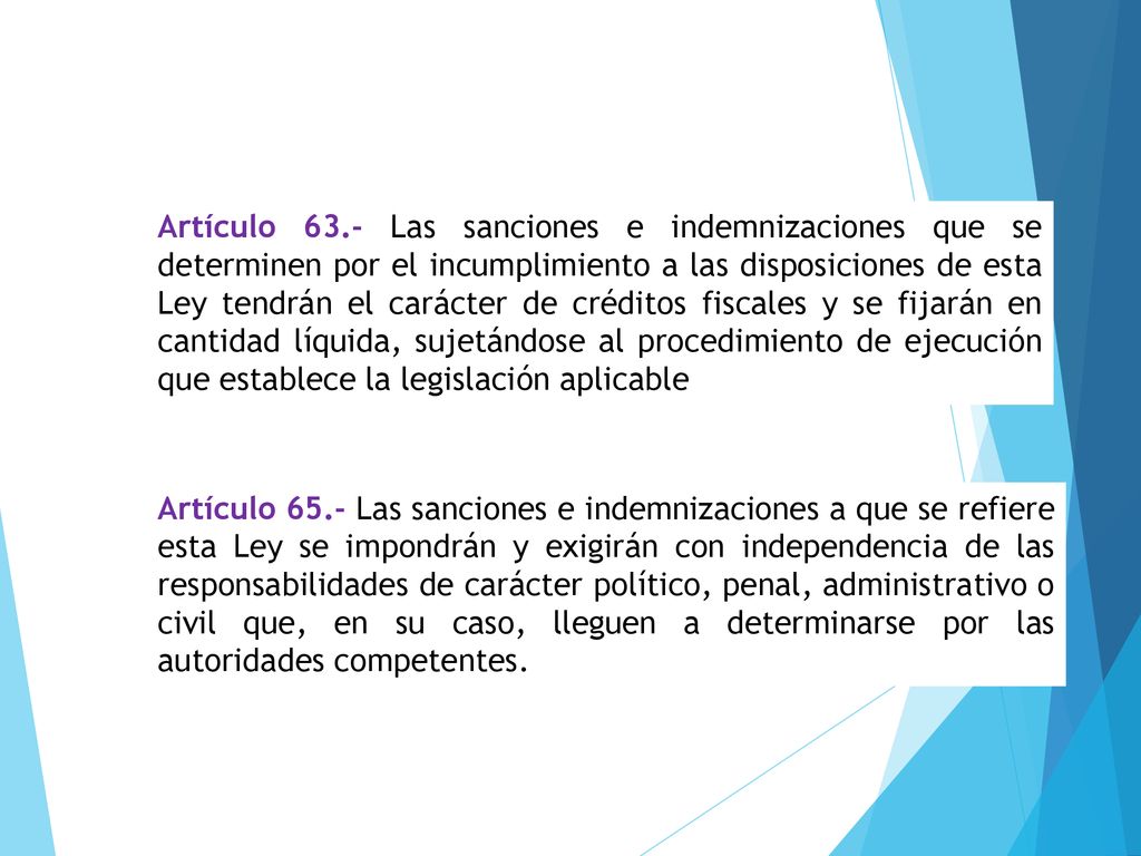 Artículo 63.- Las sanciones e indemnizaciones que se determinen por el incumplimiento a las disposiciones de esta Ley tendrán el carácter de créditos fiscales y se fijarán en cantidad líquida, sujetándose al procedimiento de ejecución que establece la legislación aplicable