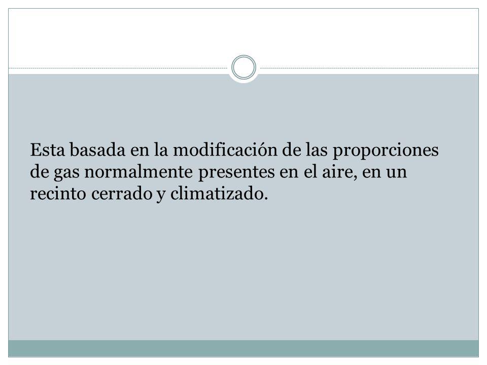 Esta basada en la modificación de las proporciones de gas normalmente presentes en el aire, en un recinto cerrado y climatizado.