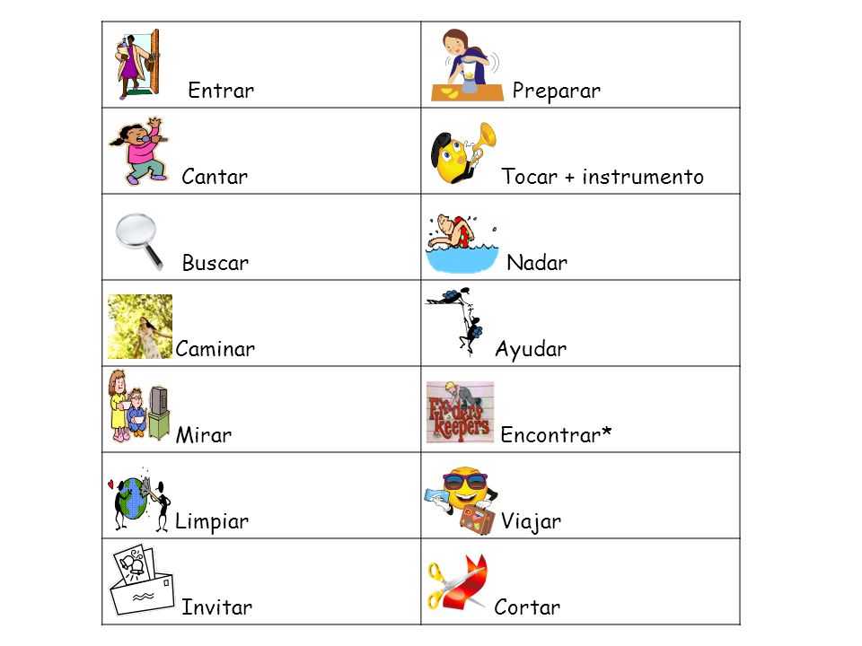 Entrar Preparar. Cantar. Tocar + instrumento. Buscar. Nadar. Caminar. Ayudar. Mirar. Encontrar*