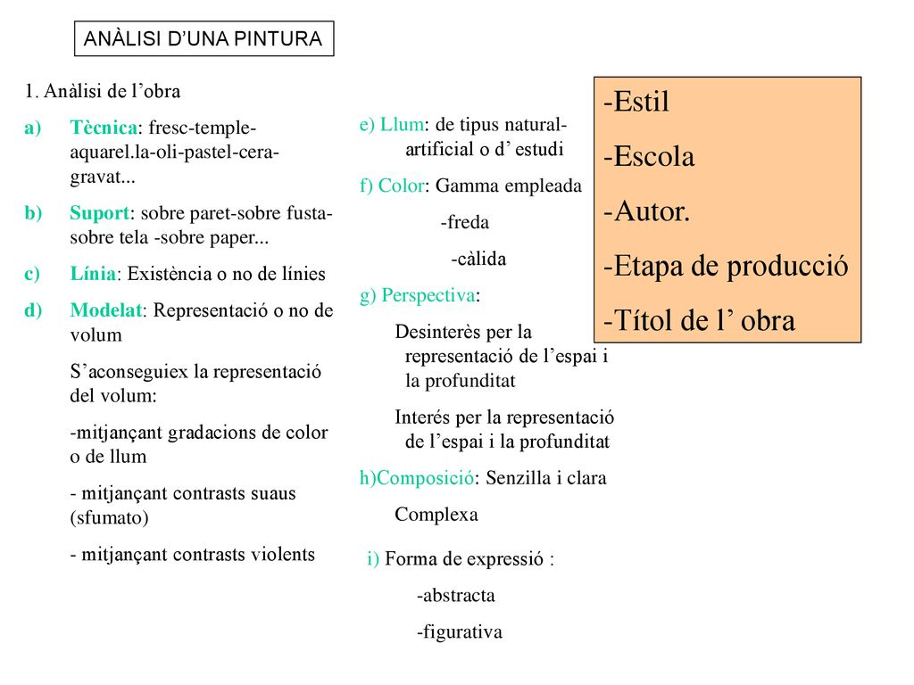 -Estil -Escola -Autor. -Etapa de producció -Títol de l’ obra