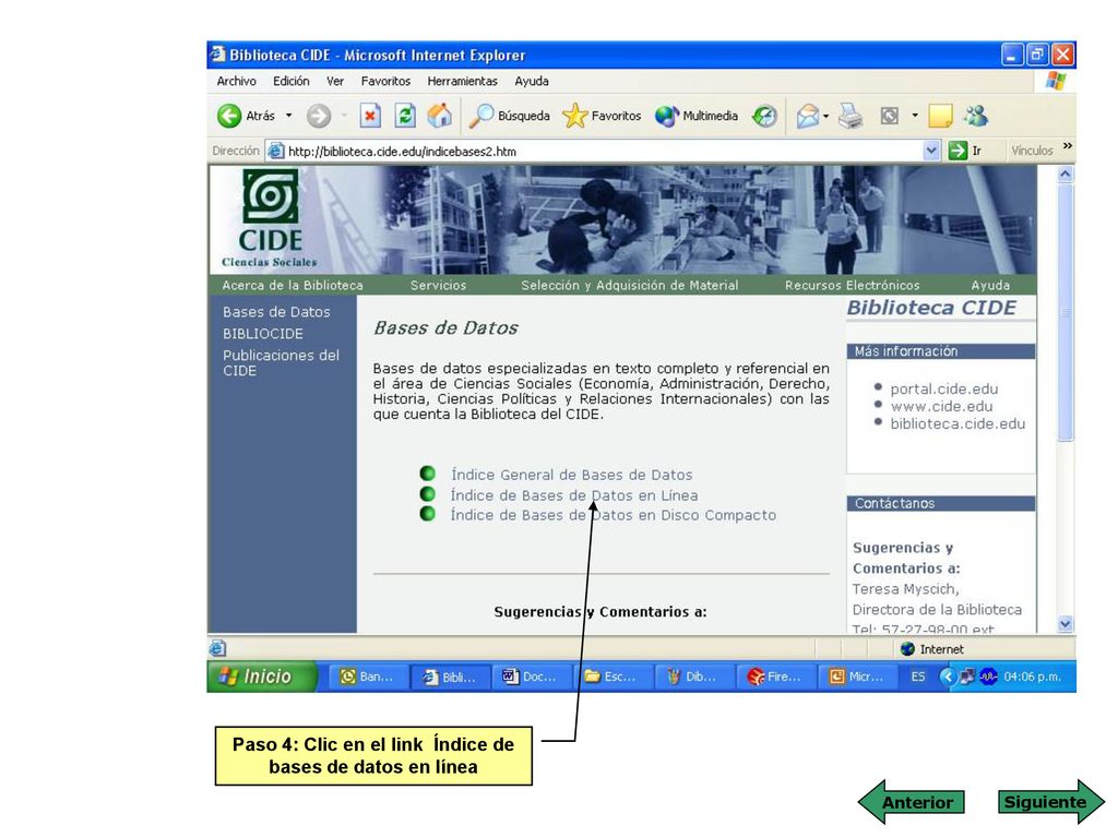 Paso 4: Clic en el link Índice de bases de datos en línea