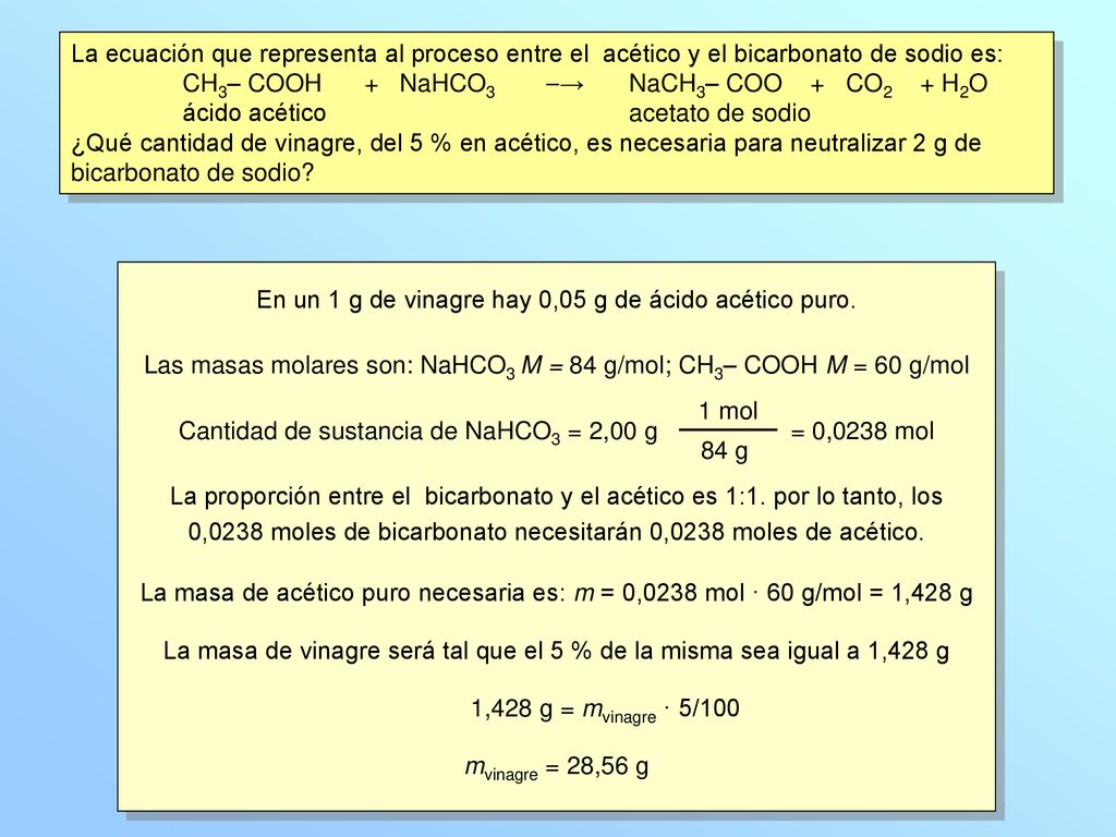 CH3– COOH + NaHCO3 ⎯→ NaCH3– COO + CO2 + H2O