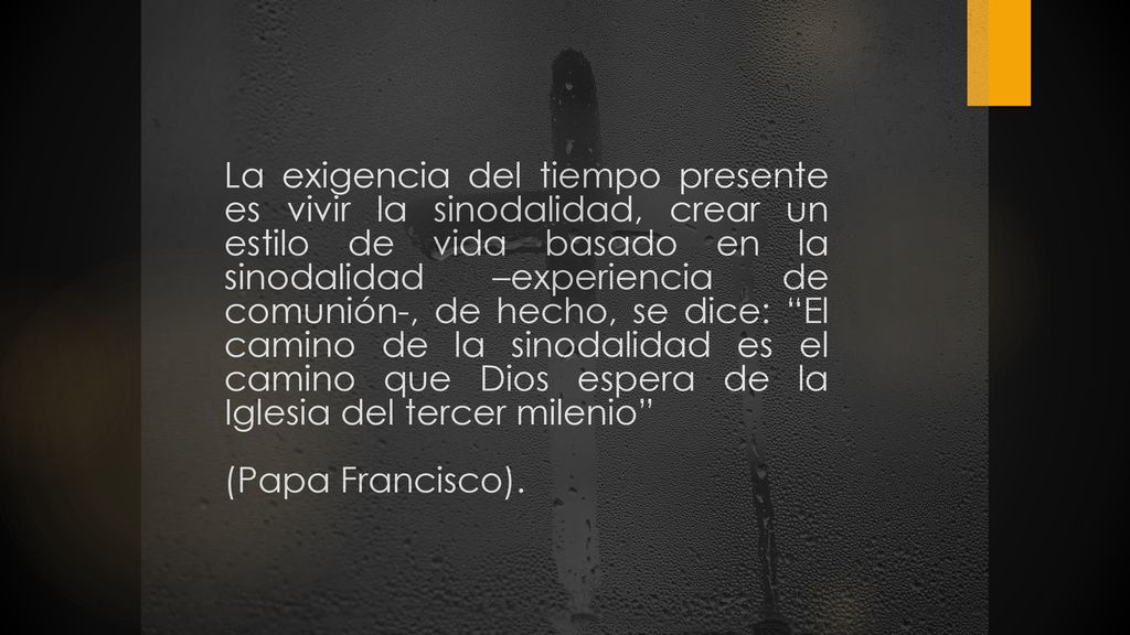 La exigencia del tiempo presente es vivir la sinodalidad, crear un estilo de vida basado en la sinodalidad –experiencia de comunión-, de hecho, se dice: El camino de la sinodalidad es el camino que Dios espera de la Iglesia del tercer milenio (Papa Francisco).