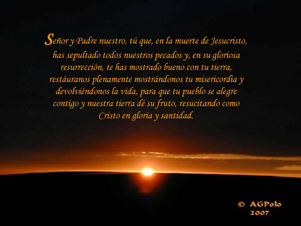 Señor y Padre nuestro, tú que, en la muerte de Jesucristo, has sepultado todos nuestros pecados y, en su gloriosa resurrección, te has mostrado bueno con tu tierra, restáuranos plenamente mostrándonos tu misericordia y devolviéndonos la vida, para que tu pueblo se alegre contigo y nuestra tierra dé su fruto, resucitando como Cristo en gloria y santidad.