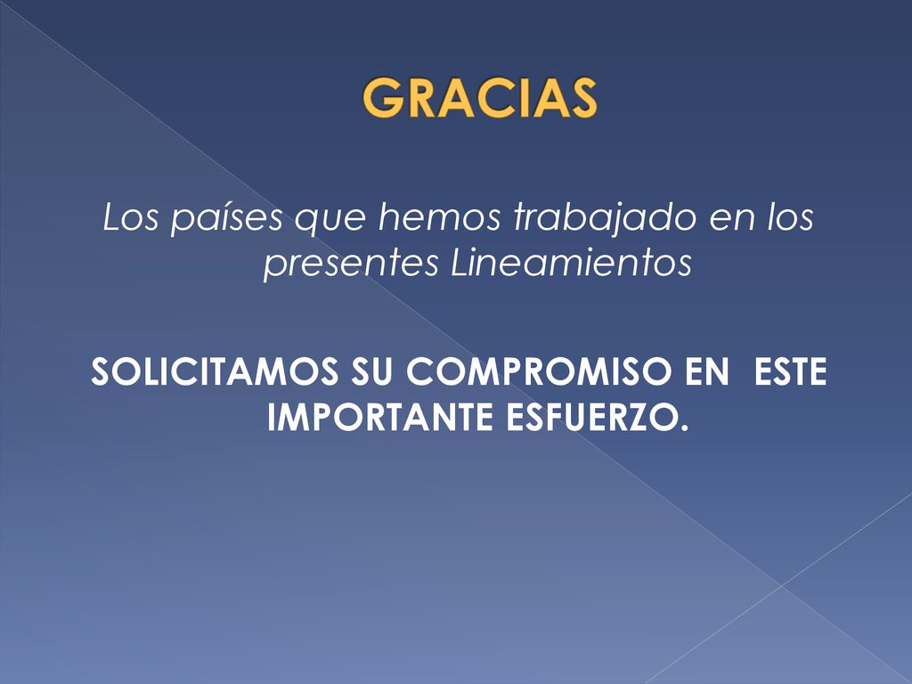 GRACIAS Los países que hemos trabajado en los presentes Lineamientos SOLICITAMOS SU COMPROMISO EN ESTE IMPORTANTE ESFUERZO.