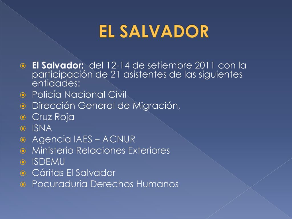EL SALVADOR El Salvador: del de setiembre 2011 con la participación de 21 asistentes de las siguientes entidades: