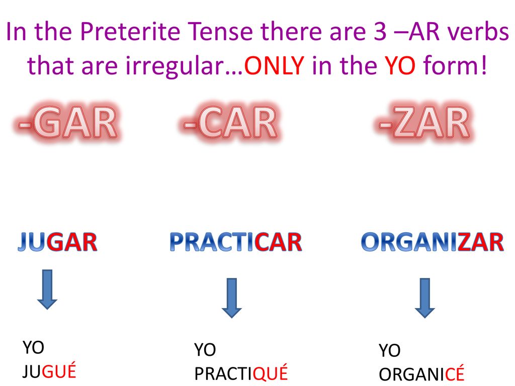 In the Preterite Tense there are 3 –AR verbs that are irregular…ONLY in the YO form!