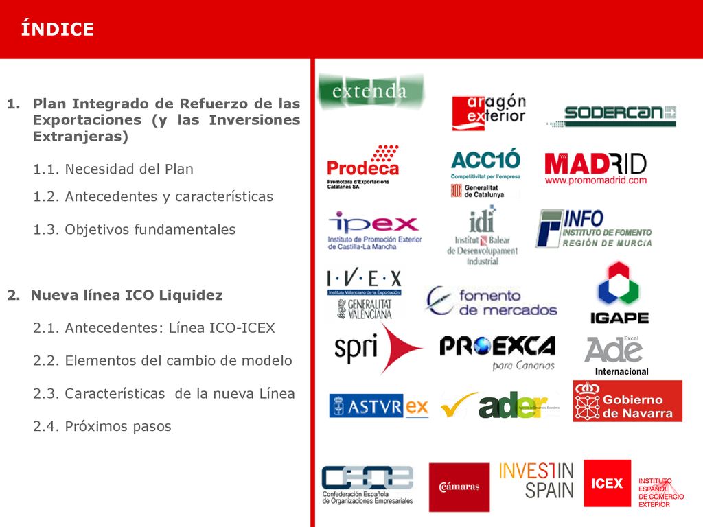 ÍNDICE Plan Integrado de Refuerzo de las Exportaciones (y las Inversiones Extranjeras) 1.1. Necesidad del Plan.