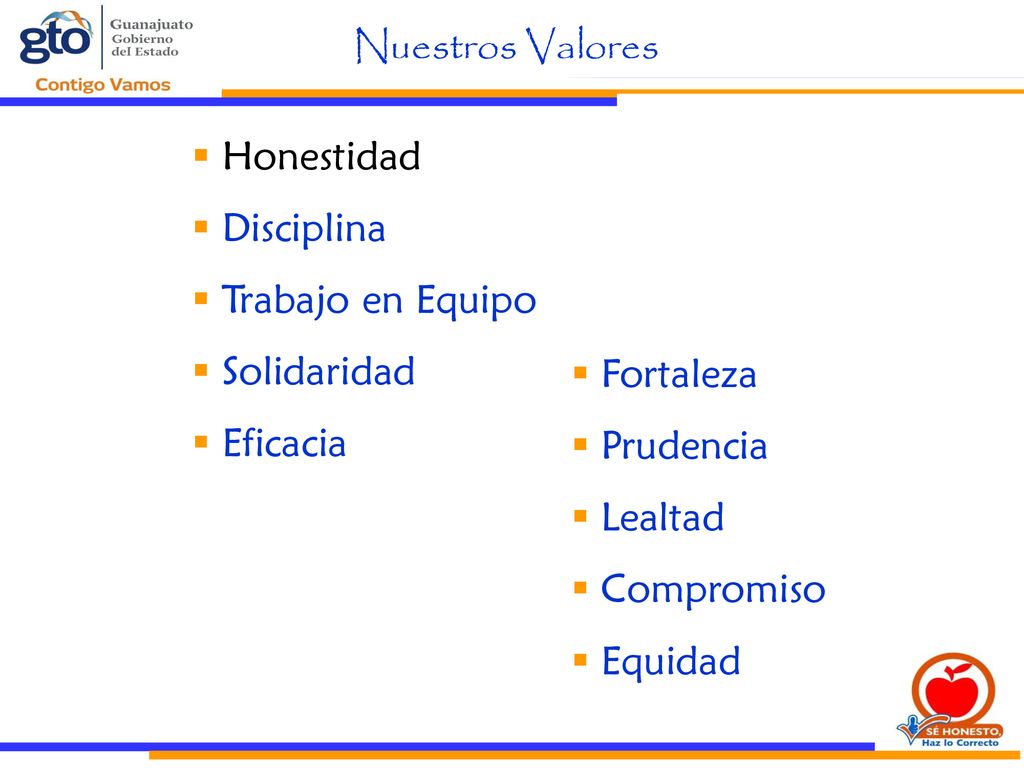 Nuestros Valores Honestidad. Disciplina. Trabajo en Equipo. Solidaridad. Eficacia. Fortaleza. Prudencia.