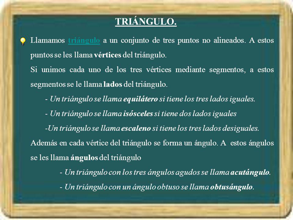 TRIÁNGULO. Llamamos triángulo a un conjunto de tres puntos no alineados. A estos puntos se les llama vértices del triángulo.