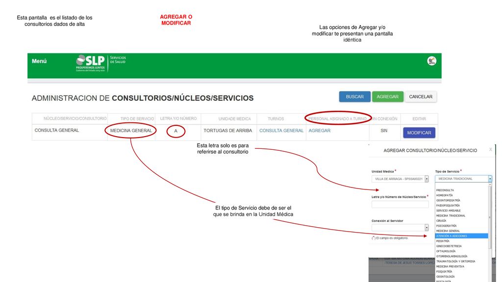 Esta pantalla es el listado de los consultorios dados de alta