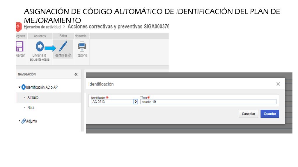 ASIGNACIÓN DE CÓDIGO AUTOMÁTICO DE IDENTIFICACIÓN DEL PLAN DE MEJORAMIENTO
