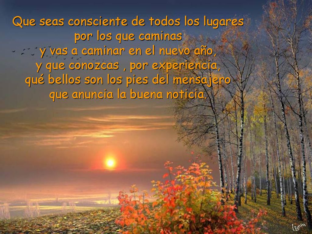 Que seas consciente de todos los lugares por los que caminas y vas a caminar en el nuevo año, y que conozcas , por experiencia, qué bellos son los pies del mensajero que anuncia la buena noticia.