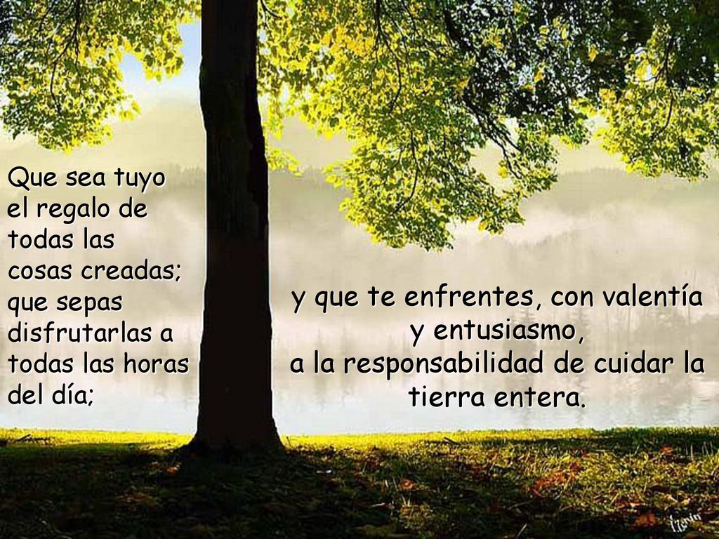 Que sea tuyo el regalo de. todas las. cosas creadas; que sepas disfrutarlas a todas las horas. del día;