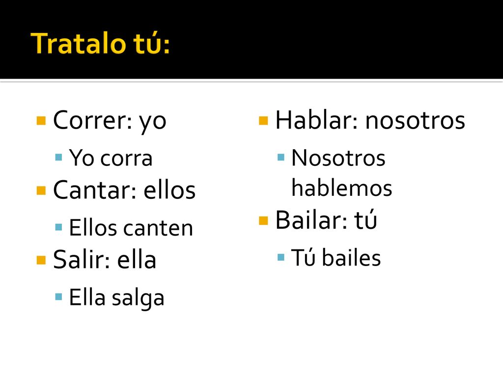 Tratalo tú: Correr: yo Hablar: nosotros Cantar: ellos Bailar: tú