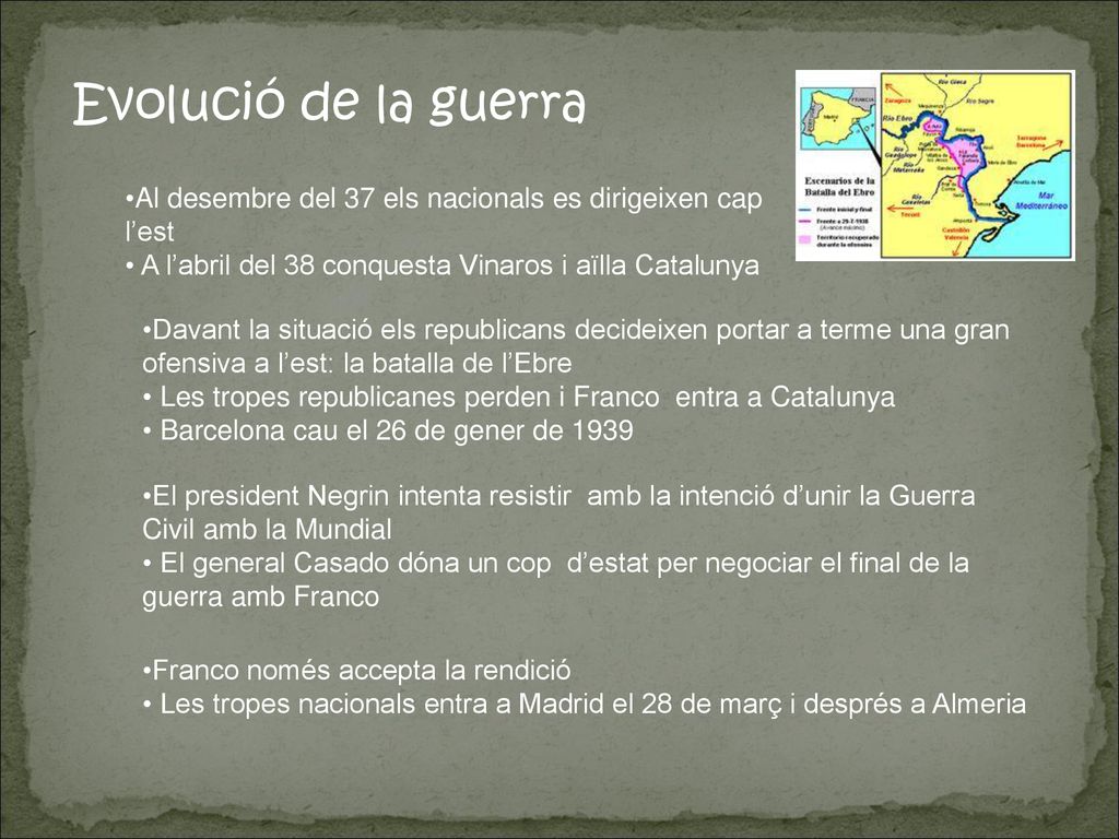 Evolució de la guerra Al desembre del 37 els nacionals es dirigeixen cap l’est. A l’abril del 38 conquesta Vinaros i aïlla Catalunya.