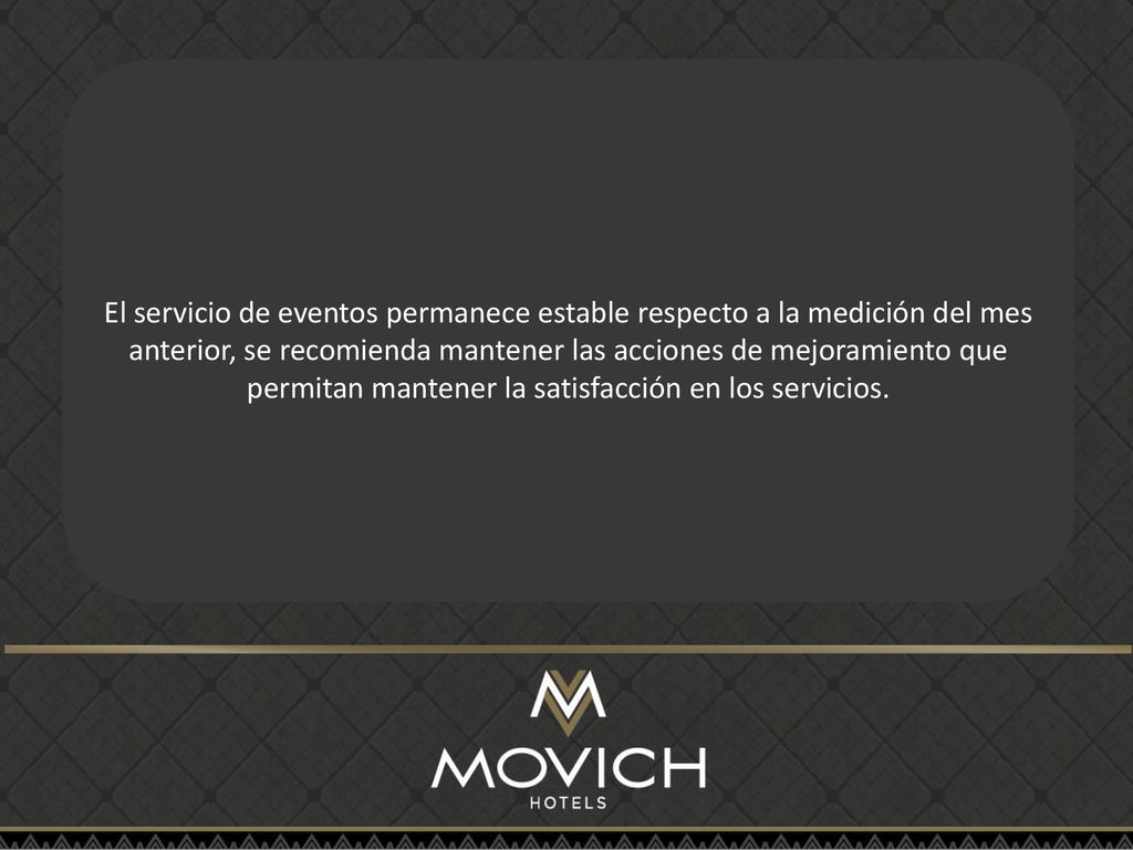 El servicio de eventos permanece estable respecto a la medición del mes anterior, se recomienda mantener las acciones de mejoramiento que permitan mantener la satisfacción en los servicios.