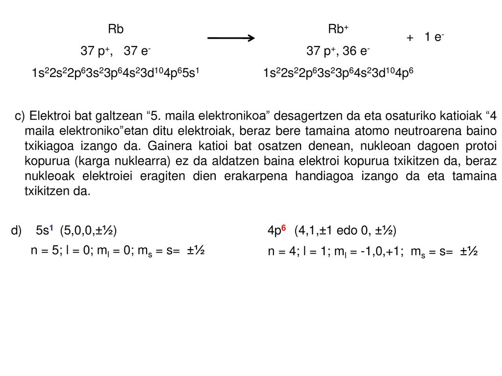 Rb+ 37 p+, 36 e- 1s22s22p63s23p64s23d104p6. Rb. 37 p+, 37 e- 1s22s22p63s23p64s23d104p65s e-