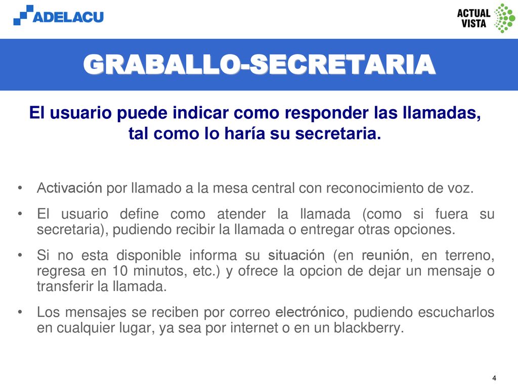 GRABALLO-SECRETARIA El usuario puede indicar como responder las llamadas, tal como lo haría su secretaria.
