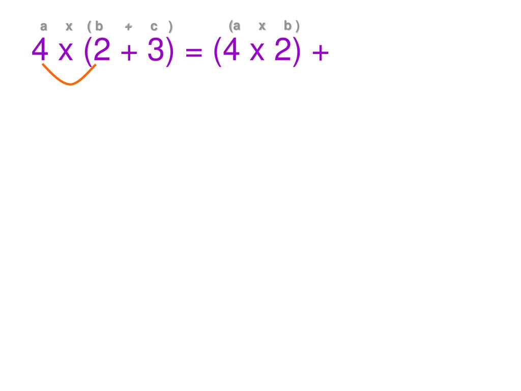 4 x (2 + 3) = (4 x 2) + a x ( b + c ) (a x b )