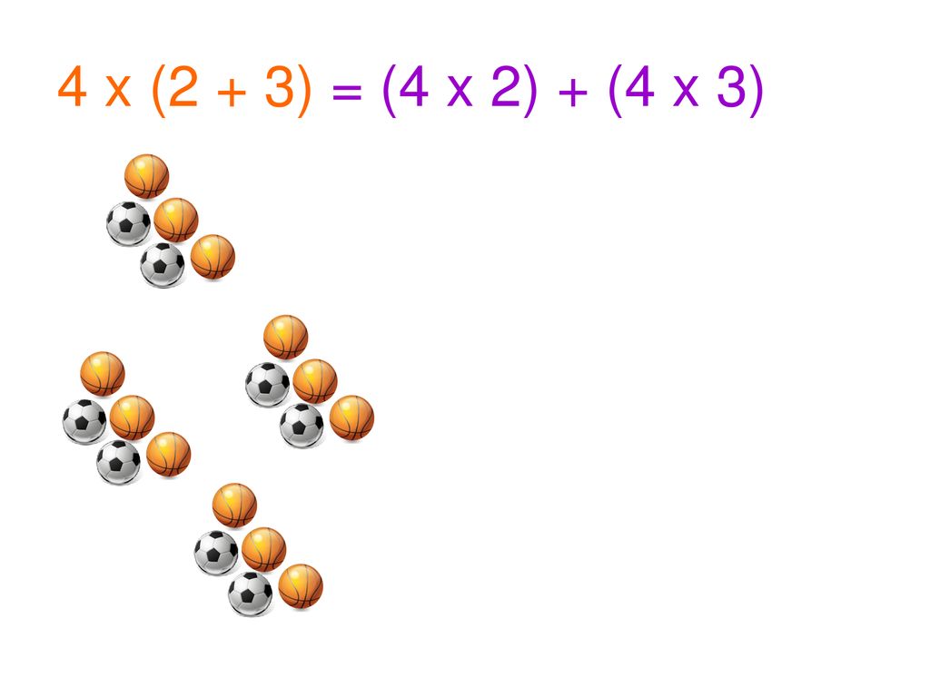 4 x (2 + 3) = (4 x 2) + (4 x 3)