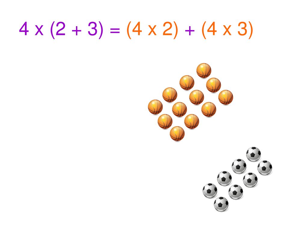 4 x (2 + 3) = (4 x 2) + (4 x 3)