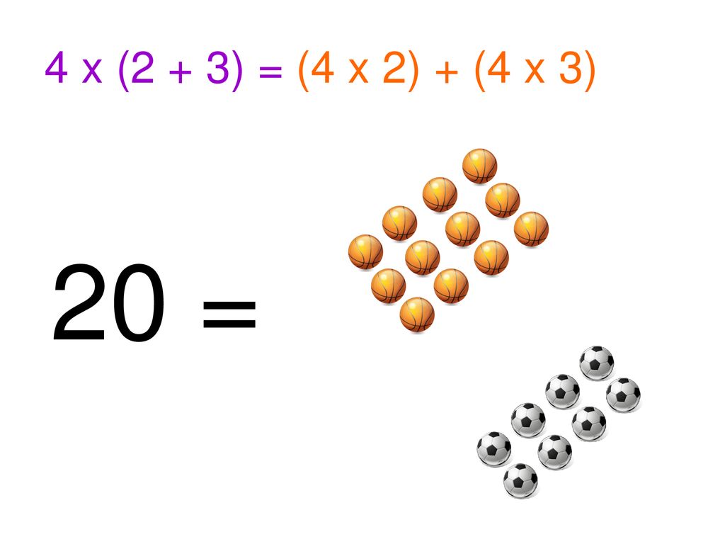 4 x (2 + 3) = (4 x 2) + (4 x 3) 20 =