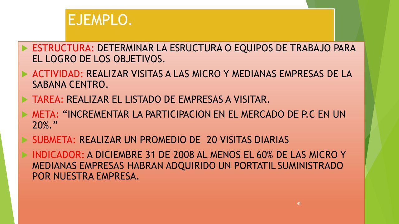 EJEMPLO. ESTRUCTURA: DETERMINAR LA ESRUCTURA O EQUIPOS DE TRABAJO PARA EL LOGRO DE LOS OBJETIVOS.