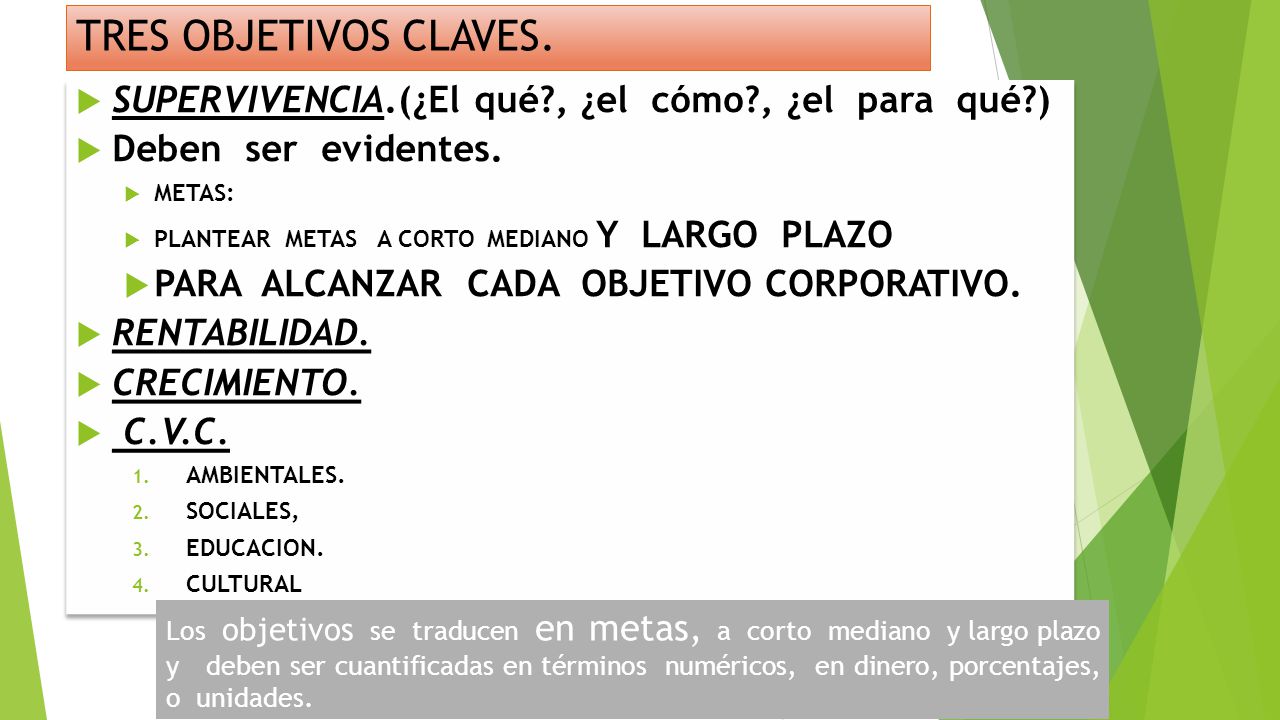 TRES OBJETIVOS CLAVES. SUPERVIVENCIA.(¿El qué , ¿el cómo , ¿el para qué ) Deben ser evidentes.