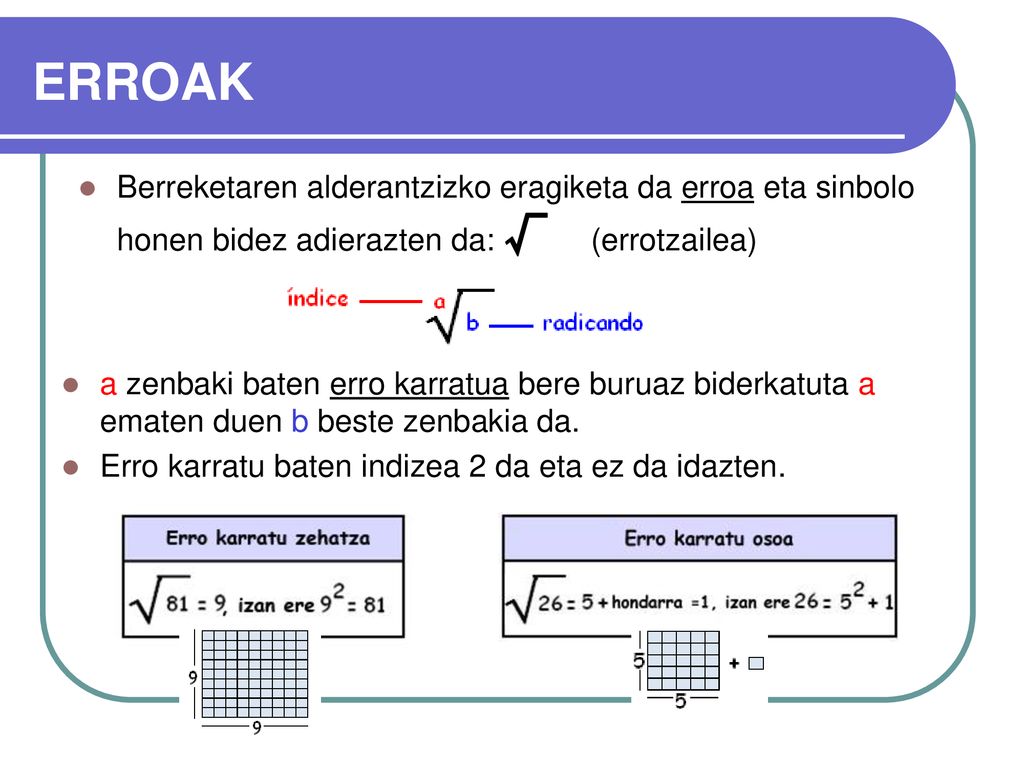 ERROAK Berreketaren alderantzizko eragiketa da erroa eta sinbolo honen bidez adierazten da: √ (errotzailea)
