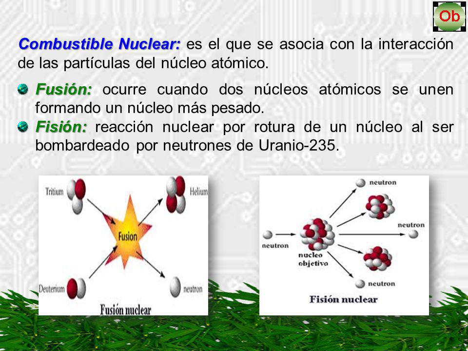 Combustible Nuclear: es el que se asocia con la interacción de las partículas del núcleo atómico.