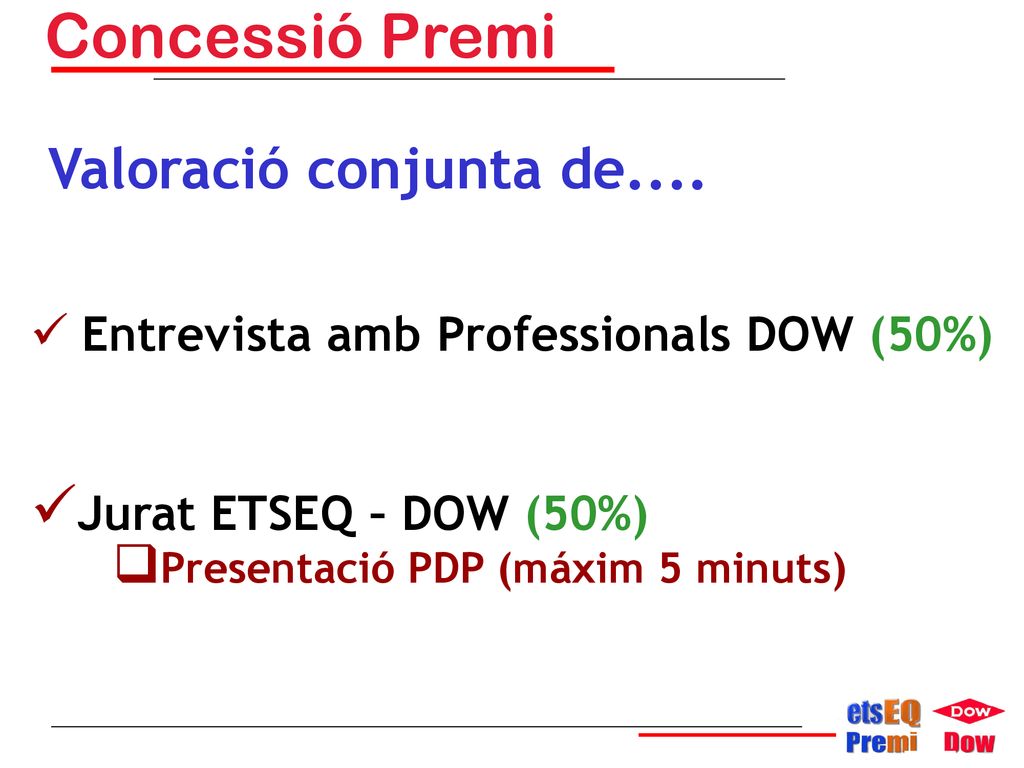 Concessió Premi Valoració conjunta de.... Jurat ETSEQ – DOW (50%)