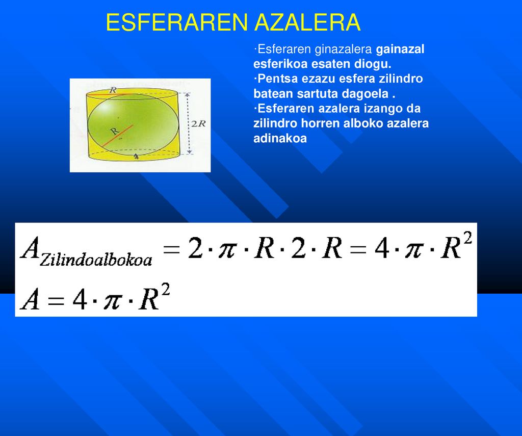 ESFERAREN AZALERA ·Esferaren ginazalera gainazal esferikoa esaten diogu. ·Pentsa ezazu esfera zilindro batean sartuta dagoela .