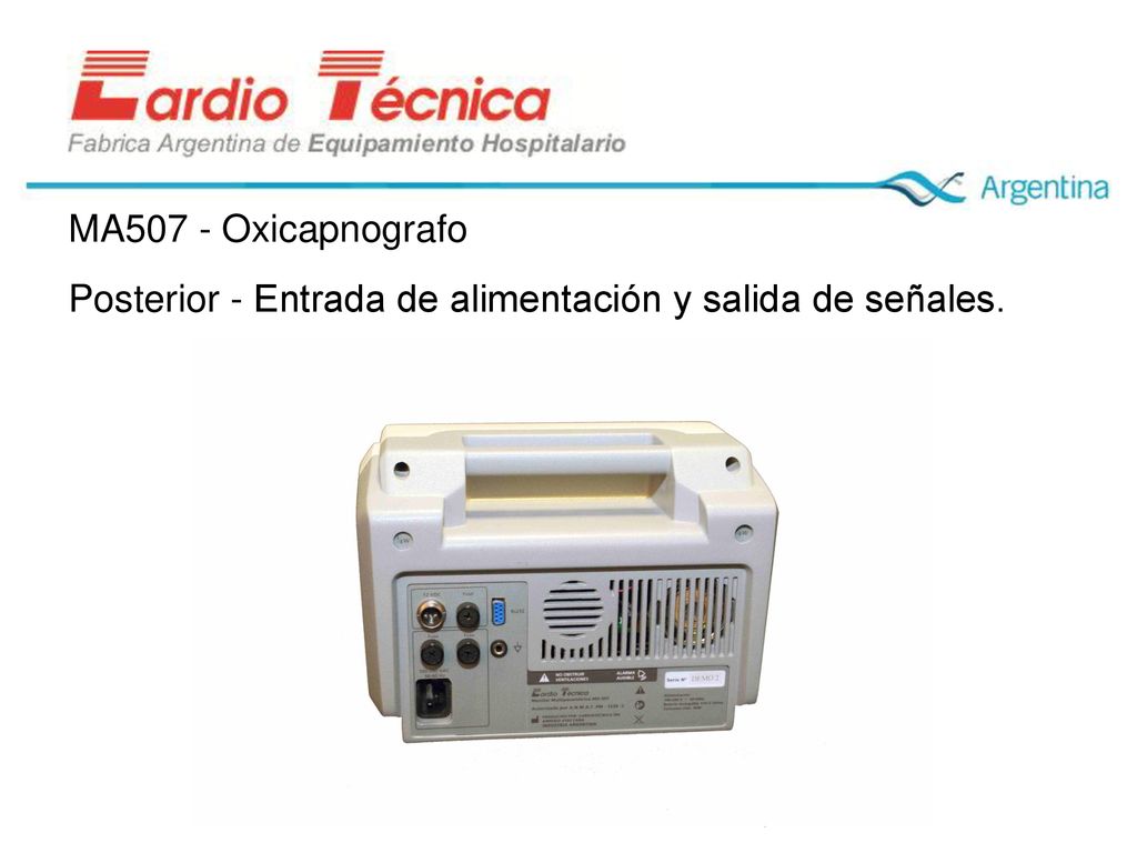 MA507 - Oxicapnografo Posterior - Entrada de alimentación y salida de señales.