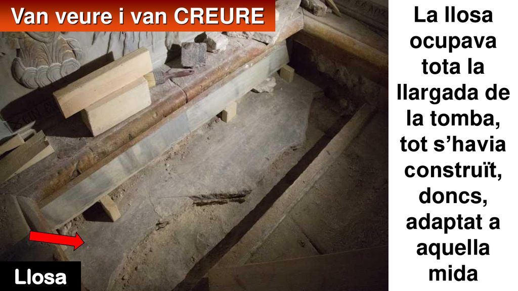 Van veure i van CREURE La llosa ocupava tota la llargada de la tomba, tot s’havia construït, doncs, adaptat a aquella mida.