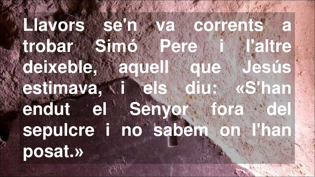 Llavors se n va corrents a trobar Simó Pere i l altre deixeble, aquell que Jesús estimava, i els diu: «S han endut el Senyor fora del sepulcre i no sabem on l han posat.»