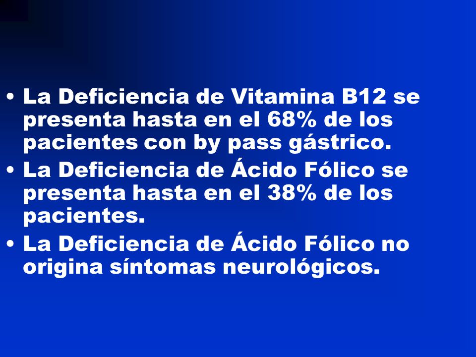 La Deficiencia de Vitamina B12 se presenta hasta en el 68% de los pacientes con by pass gástrico.