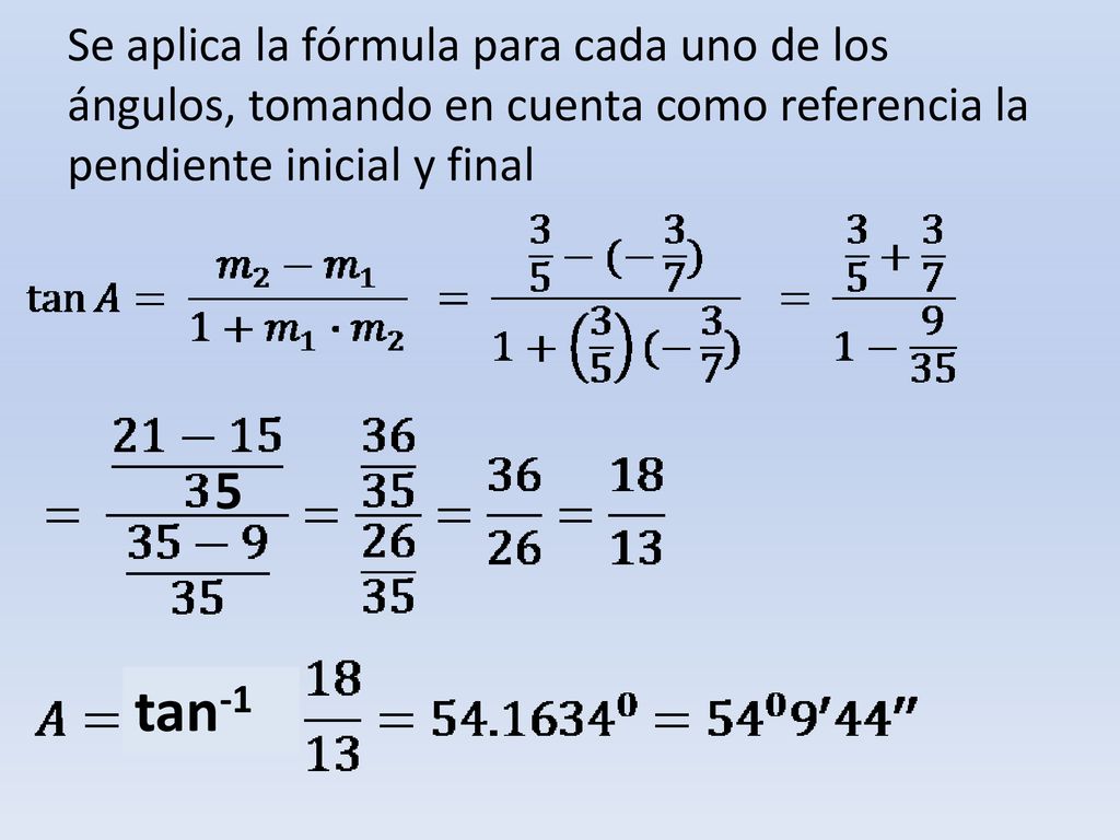 Se aplica la fórmula para cada uno de los ángulos, tomando en cuenta como referencia la pendiente inicial y final